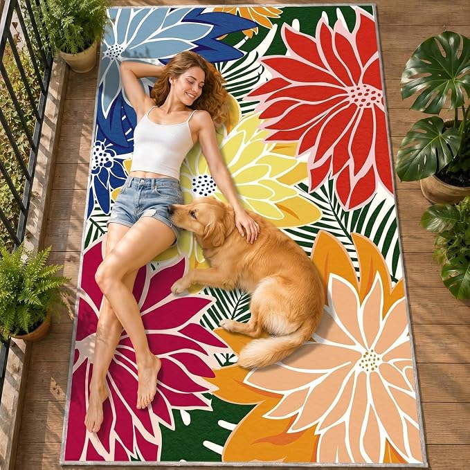 ZonLi Colorful Outdoor Rug 5x8Ft Waterproof Multicolored Indoor Area Rug Washable Outdoor Patio Rugs Tropical Floral Non Slip Outdoor Carpet for Living Room, Pool,Backyard,Deck,Camping