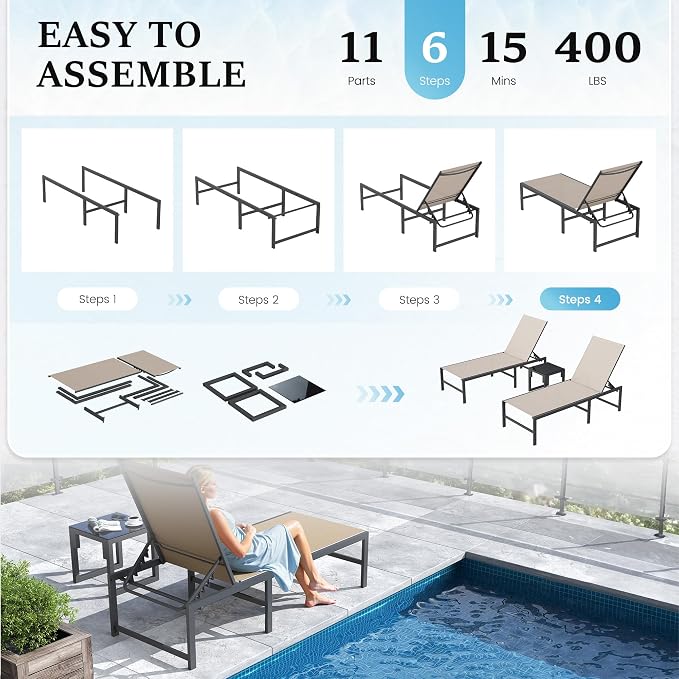 UDPATIO Chaise Lounge Chair Patio Pool Lounge Chair Outdoor with 5 Position Adjustable Backrest Poolside Sunloungers Lay Flat Sunbathing Chaise with Backrest for Patio, Beach, Yard, Pool(Brown)