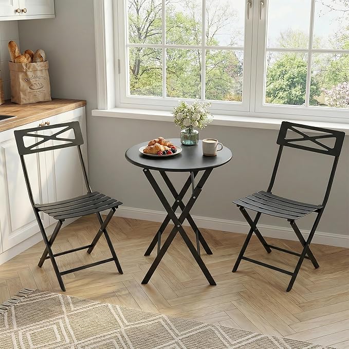 GarveeTech 3-Piece Folding Bistro Set, Heavy Duty Outdoor Patio Furniture with 2 Chairs & 1 Table, Weather-Resistant Steel Frame, No Assembly Required for Garden, Yard, Balcony,Black
