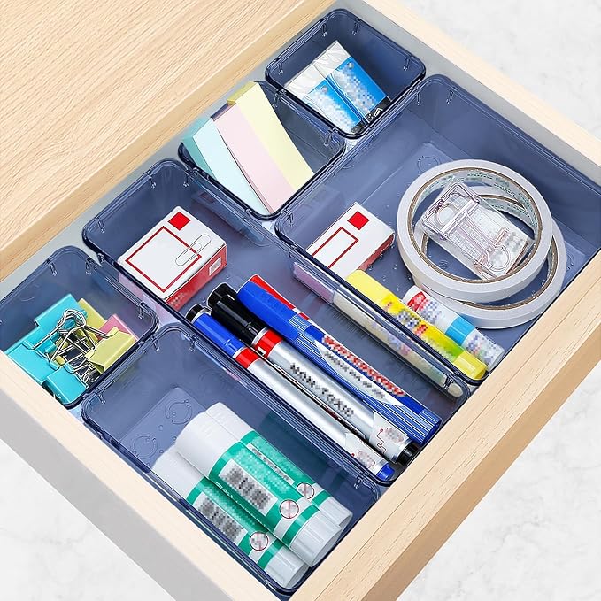 25 PCS Drawer Organizer Set, 5 Varied Size Bathroom and kitchen Drawer cabinet organizer Trays, Clear Storage Bins for Makeup, Jewelry, Utensils and Gadgets, Dark Blue