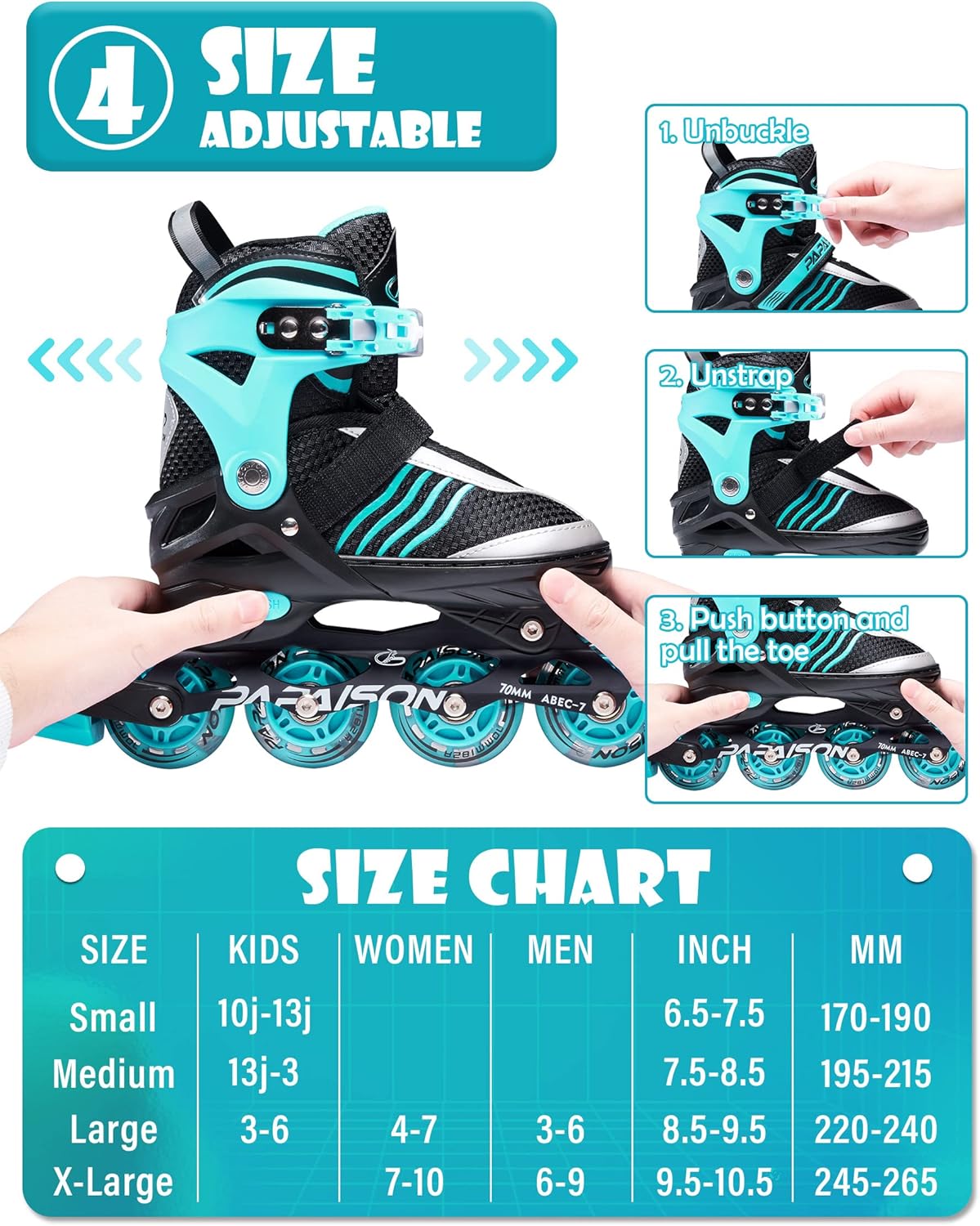 PAPAISON Adjustable Inline Skates - Light-Up Roller Skates for Kids Ages 4-16 | Perfect for Outdoor Fun