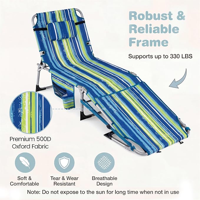 Giantex Tanning Chair, 330Lbs Patio Lounge Chair with 5 Adjustable Position, Face & Arm Hole, Hand/Shoulder Strap, Removable Pillow, Side Pocket, Chaise Lounger for Beach Sunbathing Outdoor, Stripe