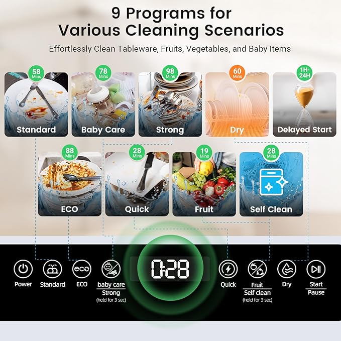 BLITZHOME WiFi Countertop Portable Dishwasher, Smart 9 Programs, 167℉ High-Temp, 360° 3Spray, 24H Timing, Hot Air Drying, Air Refresh, Baby-Care, LED Light, 5.2L Built-in Water Tank for Apartments RVs