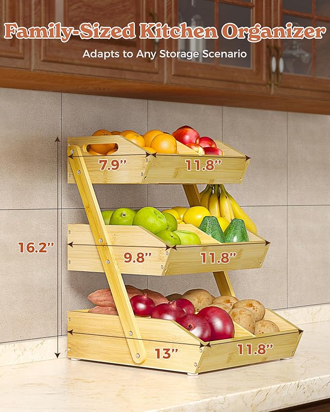 3 Tier Large Bamboo Fruit Basket for Kitchen Counter with 2 Banana Holders, Kitchen Countertop Organizer with Protective Mats, Tiered Fruit Bowl for Bread Snack Veggies with Dividers