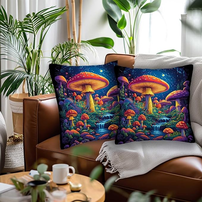 Mushroom Throw Pillow Covers Set of 2,18x18 Inches, Cushion Cases for Couch and Sofa, Zipper Closure, Vintage Home Decor for Living Room and Bed Room