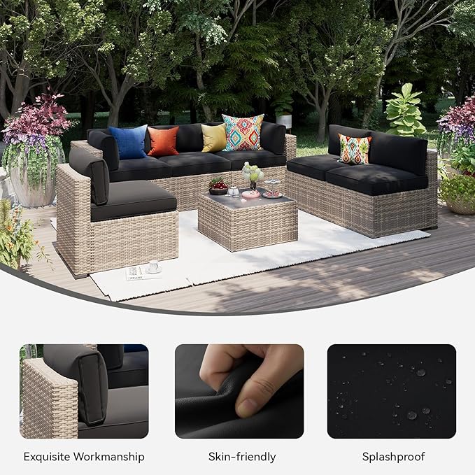 Aoxun 14pcs Patio Cushion Covers Replacement, Waterproof Outdoor Furniture Cushion Covers with Zipper and Non-Slip Bottom, Patio Sofa Couch 3 Sizes for Patio Sectional, Covers Only (Black)