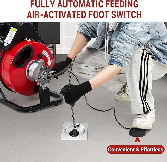 Auto Feed 100 FT x 3/8 in Drain Cleaner Machine with 370W Motor, Portable Sewer & Plumbing Snake Auger with 8 Cutters and Air-Activated Foot Switch, Electric Drain Snake for 1"–4" Pipes