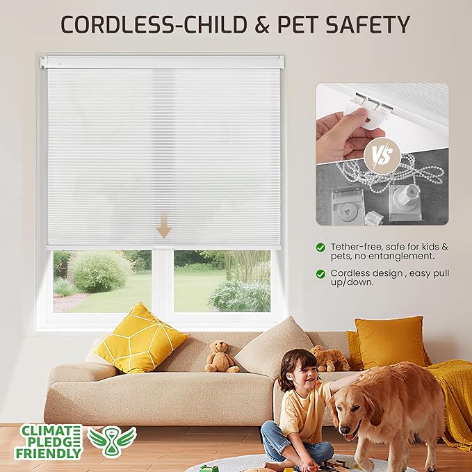 Grandekor No Drill No Tools Cordless Cellular Shades, 35.5" W x 64" H, Light