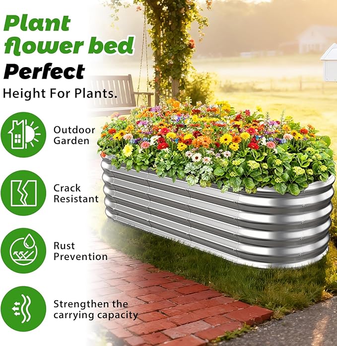 YSEJOMP 17" Tall Outdoor Garden Raised Garden Bed Kits, 5ft X 2ft Oval,0.8MM Thick Metal Raised Planter Bed/Ground Planter Box for Variety of Flowers,Herbs,Vegetables (Silver, 60X24X16.5 Inches)