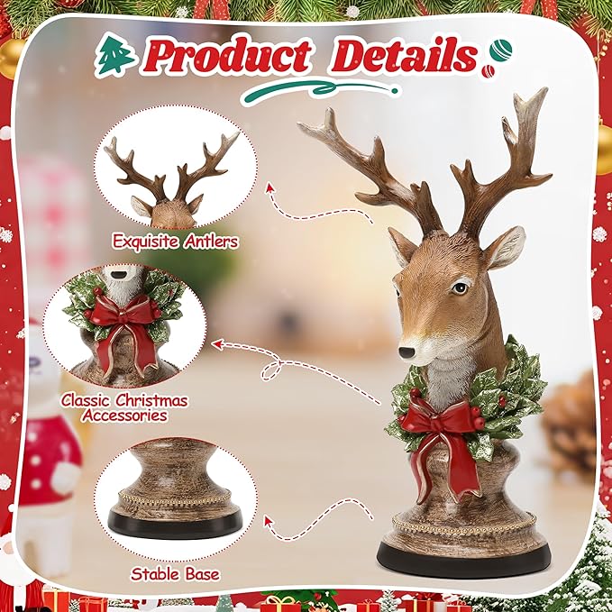Christmas Reindeer Head Statues, Deer Head with Wreath, Reindeer Christmas Table Decoration for Home Indoor Resin Xmas Deer Figurine Winter Holiday New Year Gift for Woman