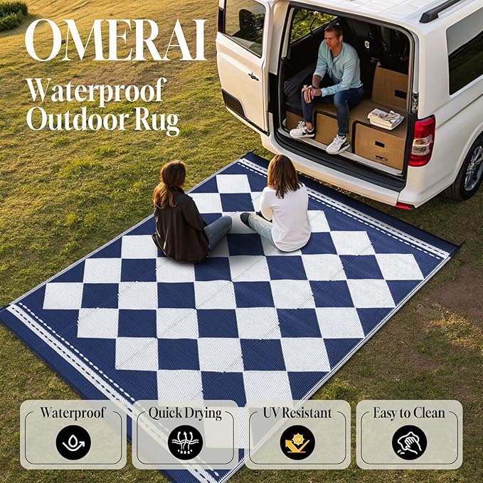 OMERAI Reversible Waterproof Outdoor Rug for Backyard,Plastic Textured Resistant Outdoors Rugs,Portable Washable Easy Cleaning Foldable Camping Beach Carpet for Patio Courtyard, 5'x8' Blue & White