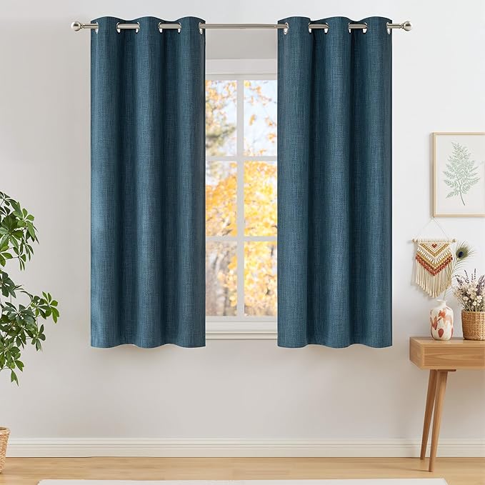 NICETOWN Short Faux Linen Stone Blue Blackout Curtains 63 inches Long