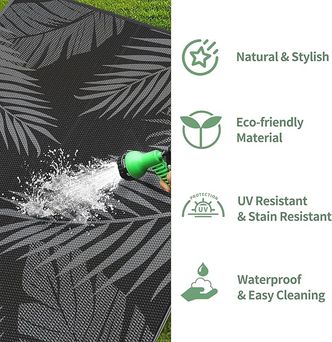 GENIMO Outdoor Rug 8' x 10' Waterproof for Patios Clearance, Reversible Outdoor Plastic Straw Camping Rug Carpet, Large Area Rugs Mats for RV, Camper, Deck, Balcony, Porch, Beach, Picnic, Black&Grey
