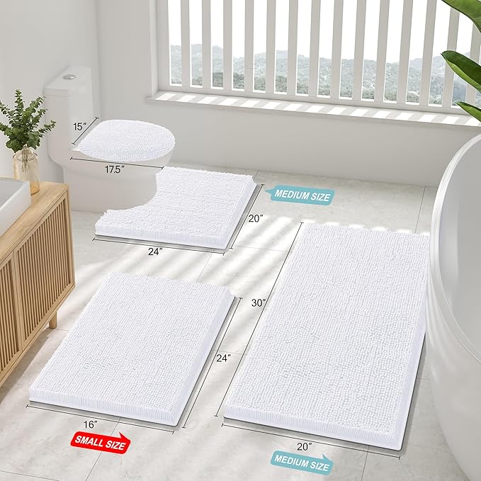 Smiry Luxury Chenille Bathroom Rugs 36x24, Extra Soft and Absorbent Shaggy Bath Mat, Machine Washable, Non-Slip Plush Carpet Runner for Tub, Shower, and Floor, Home Decor Accessories, White