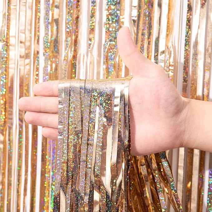 3 Pack 3.3 x 8.2 ft Laser Champagne Foil Fringe Backdrop Curtains, Tinsel Streamers Birthday Party Decorations, Fringe Backdrop for Graduation, Baby Shower, Gender Reveal, Disco Party