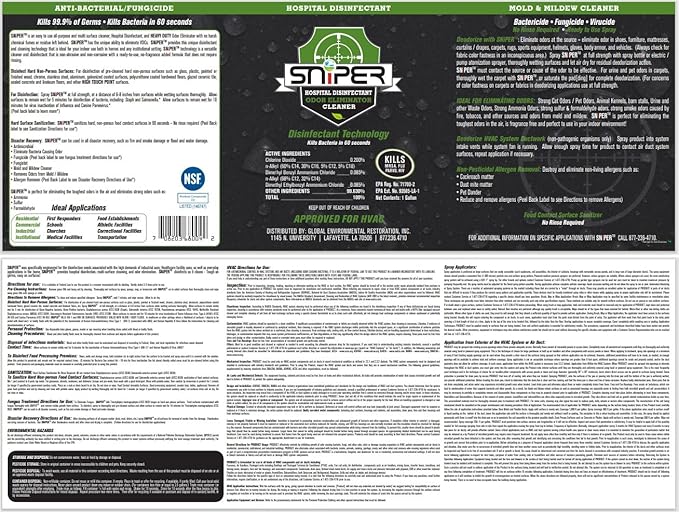 SNiPER Hospital Disinfectant, Odor Eliminator & All-Purpose Cleaner, Made in the USA, 32 Ounce Spray, 4-pack