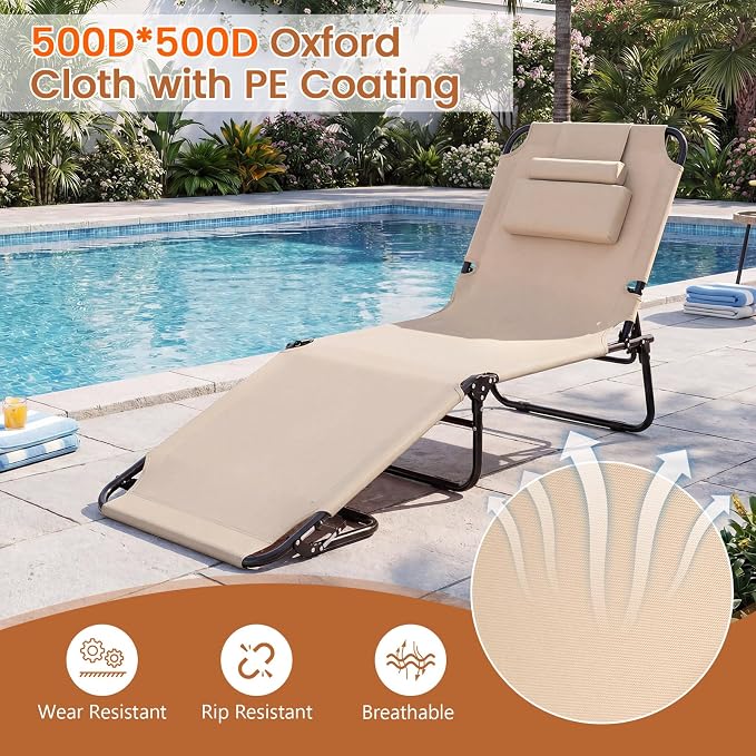 Giantex Folding Beach Tanning Chair - Adjustable Patio Lounge Chair w/Face Hole, Removable Pillows, Carry Strap, Layout Chair, Sunbathing Chaise Lounge Outdoor for Poolside Yard Lawn (2, Beige)