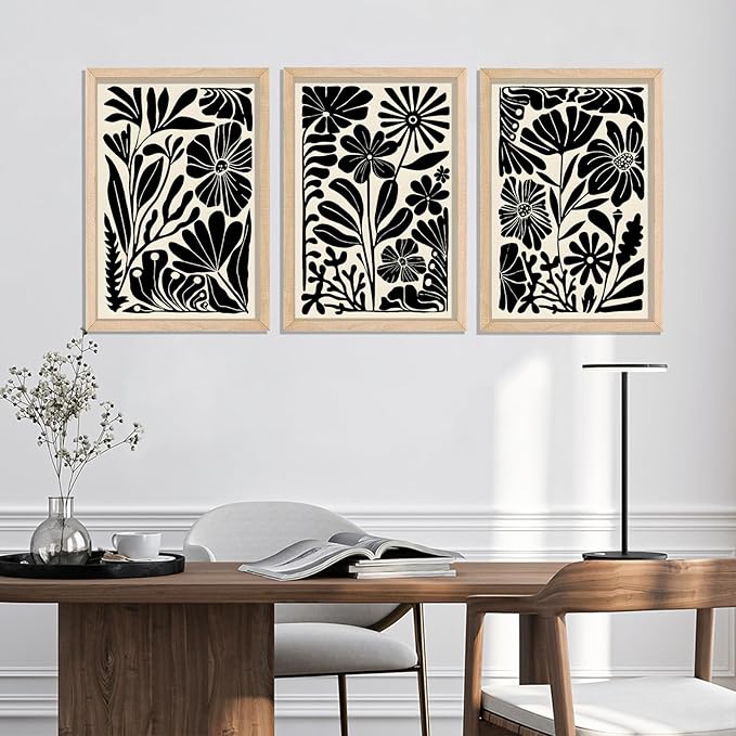 YWJKWLGS Abstract Floral Wall Art Set of 3, 11x16 Inch Black Boho Flower Prints