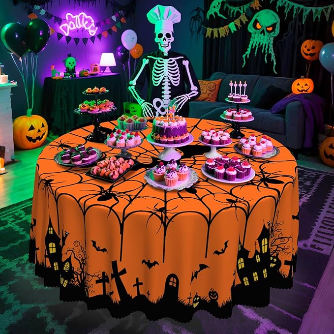 Eikione Round Halloween 60In Tablecloth, Haunted House Decorative Table Cloth, Waterproof and Washable Fabric Table Cover for Party Kitchen Dining Room