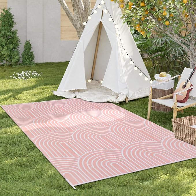 Anidaroel Patio Rugs Outdoor 6’x9’ Clearance Waterproof, Reversible Rainbow Outdoor Plastic Straw Outside Rugs, RV Outdoor Rugs for Camping, Porch, Balcony, Backyard (Pink, 6‘X9')