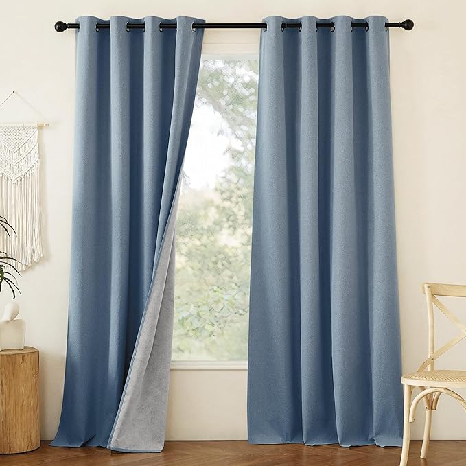 NICETOWN Stone Blue Full Shade Faux Linen Curtain Panels 90" Long, Pair of