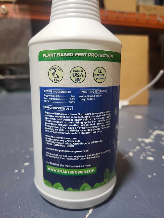 All Natural Peppermint Oil Insect & Pest Control Spray Repels Mice, Spiders, Ants, for Home, Indoor, Outdoor, Garden Maximum Strength Smart Grower Ready to Use 16 FL OZ