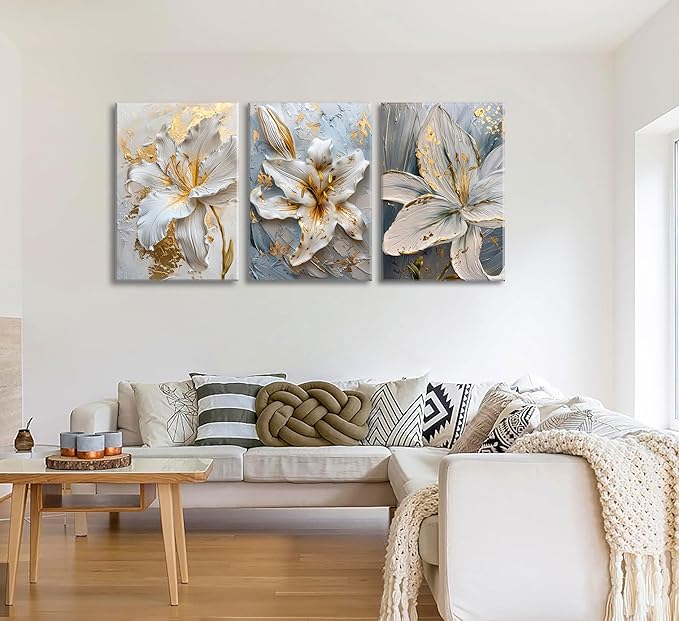 3Pcs Abstract Golden White Flower Canvas Wall Art Boho Gold Foil Blossom Oil Painting 2D Plane Textured Floral Wall Decor Nordic lily Posters Prints for Living Room Bedroom Office Pictures Framed