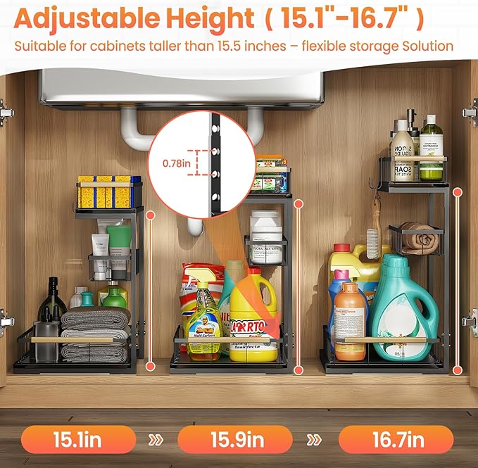 Under Sink Organizer and Storage for Bathroom and Kitchen - 2 Pack 3 Tier Under Cabinet Pull Out Shelf Organizers - Slide Out Drawer Organization for Home Cabinets Shelves and Drawers