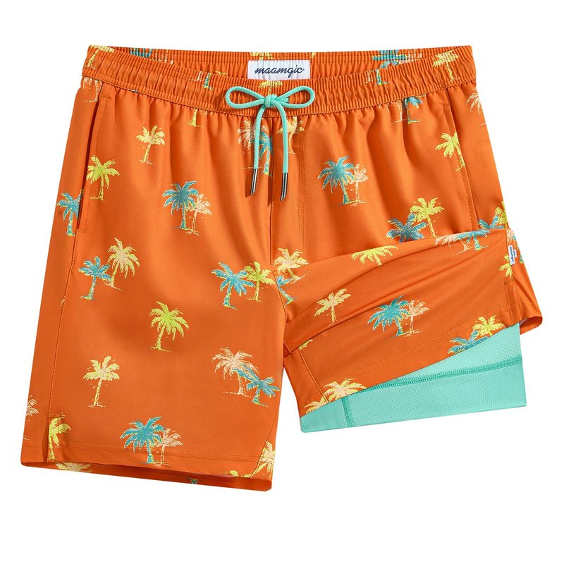 maamgic Mens Swim Trunks with Compression Liner 7 Inch Inseam Mens Bathing Suit Quick Dry Swimming Trunks Swimsuit Orange Coconut Tree Medium