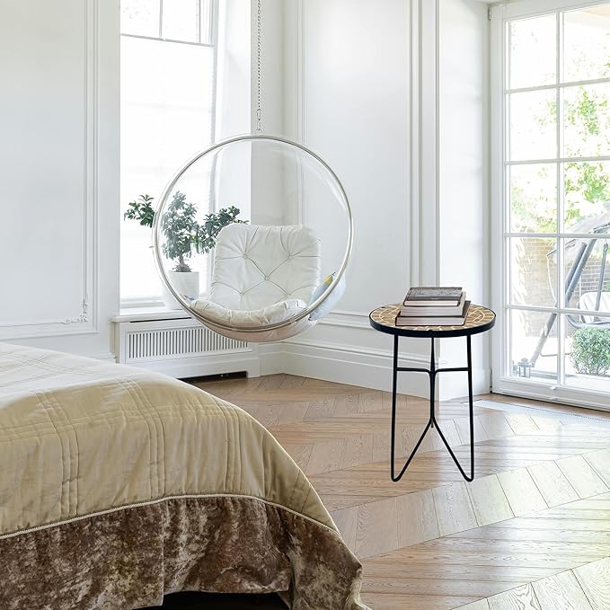 Mosaic Khaki Round Sode Tea Table,Valentine's Day Unique Furniture, Small End Outdoor Side Accent Bedside Dining Room Table, Indoor Balcony Outdoor Furniture, Balcony Valentine's Day Decor