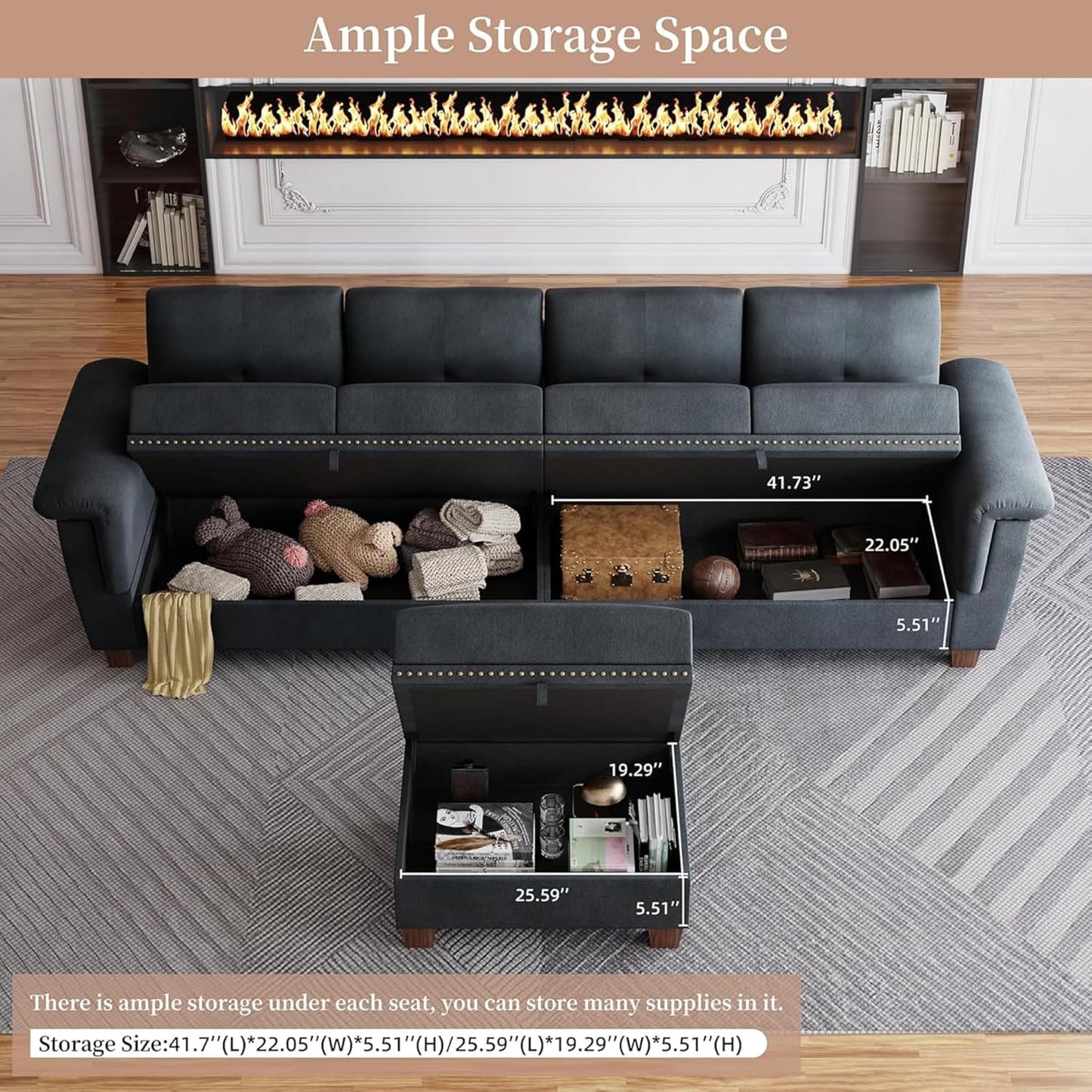 JAMFLY 108" Modular Sectional Sofa with Storage, L Shaped Sofa Couch with Reversible Ottoman, 4-Seat Convertible Sectional Couches with Cup Holders for Living Room, Apartment, Dark Grey
