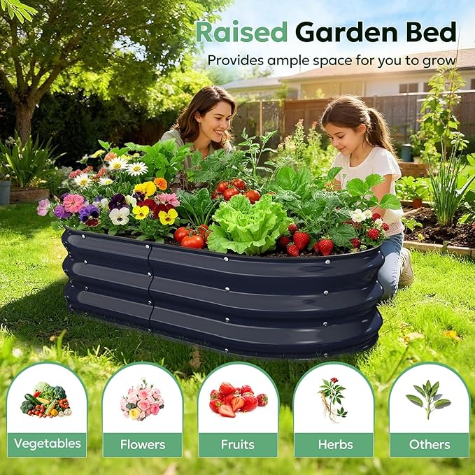 Raised Garden Bed 4×2×1 FT, Galvanized Metal Raised Planter Box Decorative Vegetable & Flower Planting Container for Patio Entryway Poolside Outdoor Landscaping Midnight Blue