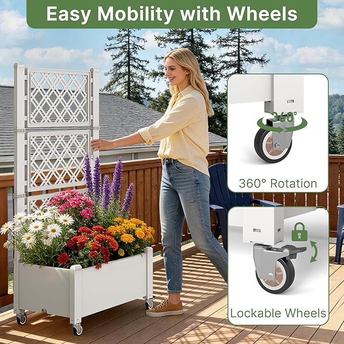 Miory 60" Raised Garden Bed with Trellis & Wheels, Vertical Gardening Planter Box with Water Level Indicator and Drainage System for Garden Outdoor Patio Balcony