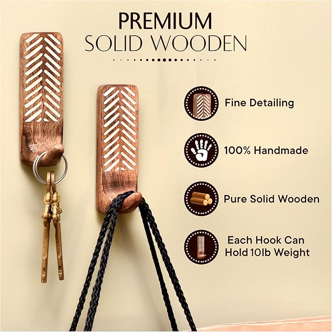 IndianShelf 10 LB- 12 Pieces Decorative Wood Adhesive Wall Hooks–Boho Peel and