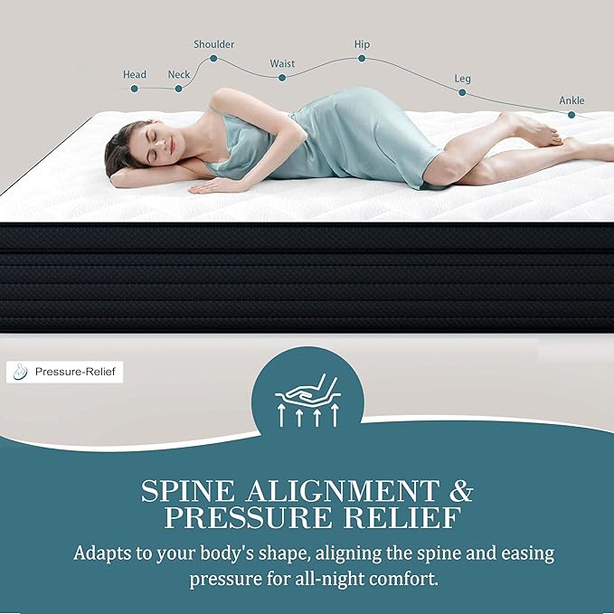Sleepmax Queen Mattress 10 Inch - Hybrid Mattress Pain Relief - Bed in a Box Extra Lumbar & Hip Support - Fiberglass-Free, CertiPUR-US Certified, 365-Night Trial