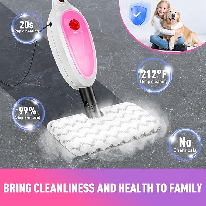 Steam Mop, Detachable Handheld Steam Cleaner with 10-in-1 Multipurpose Accessories, Two-sided Mop, Double Cleaning Area, Multi Surfaces Steamer for Wood Floor, Tile, Window, Clothes, Furniture & Grout