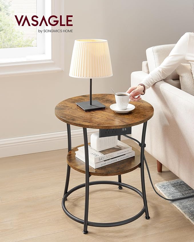 VASAGLE 21.7-Inch Round Side Table, 2-Tier End Table with Power Outlets, Nightstand with Steel Frame, Spacious Top, for Small Spaces, Living Room, Bedroom, Rustic Brown and Ink Black ULET077K01