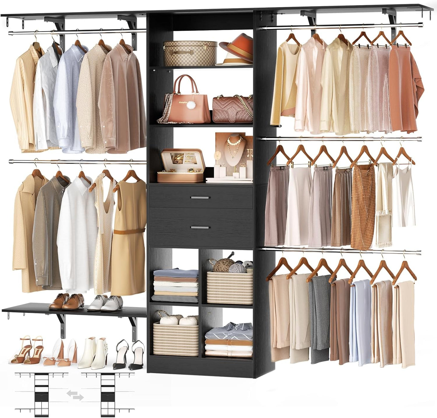 Closet System - 4.75-8FT Closet Organizer System with Wooden Drawers & Cube Storage Organizer, Up To 96" Closet Systems for Nursery & Walk-In Closets with Cuttable Hanging Shelving, Black