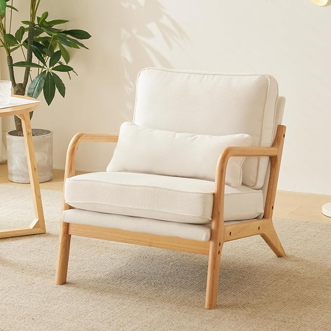 Bonnlo Coarse Linen Beige Mid Century Modern Accent Chair, Soild Wood Padding Lounge Armchairs Side Sitting Chairs for Living Room, Bedroom, Guest Room