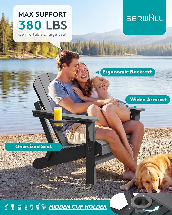 SERWALL Folding Adirondack Chair with Cup Holder Set of 6, Weather Resistant HIPS Lawn Chairs, Wooden Textured, Fire Pit Chairs for Backyard, Garden, Fire Pit- Gray