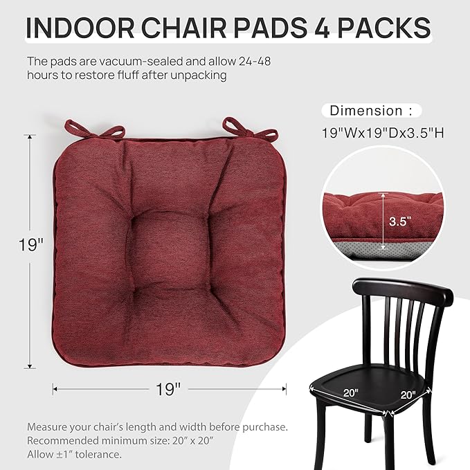 Love's cabin Memory Foam Chair Cushions Set of 4, 19"x19"x3.5" Indoor & Outdoor Seat Pads for Dining, Kitchen, Office, Patio Chairs - Burgundy