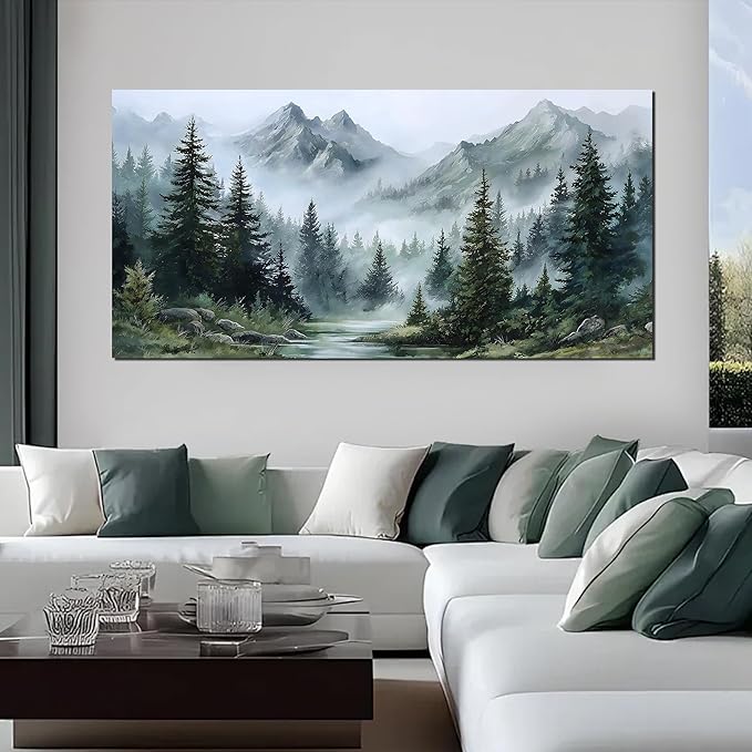 Tarfupth Large Misty Forest Wall Art for Living Room Green Nature Mountain Landscape Canvas Artwork with Trees and River Nature Art for Bedroom Office Home Decor 29x58 Inch