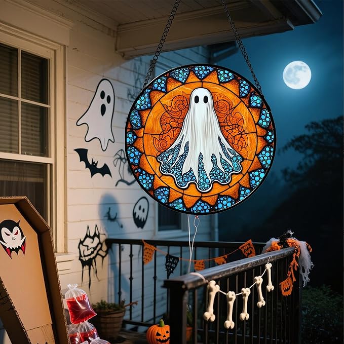 Stained Glass Window Hanging - Halloween Decorations White Ghost Suncatcher for Doors Garden Indoor Spooky Funny Blue Sun Catchers Gothic Decor Horror Gifts for Women Men Friend 11.8 in