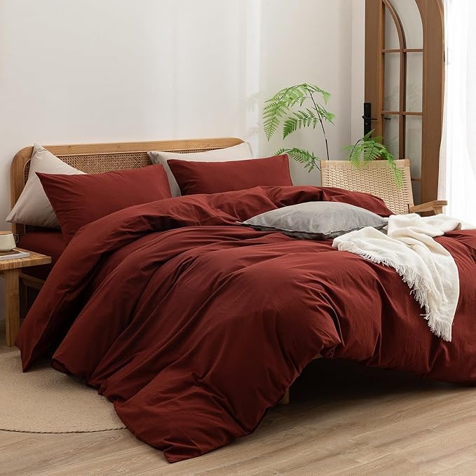 BESTOUCH Duvet Cover Set 100% Washed Cotton Linen Feel Super Soft Comfortable Chic Lightweight 3 PCs Home Bedding Set Solid Fired Brick Red Super Queen