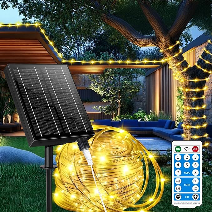 LairtPOW 98FT Waterproof 300LEDs Solar Rope Lights, Type C Charging, Remote-Controlled, for Outdoor Pathway Pool Patio Party Garden Yard Palm Tree Holidays (Brighter - Warm White)