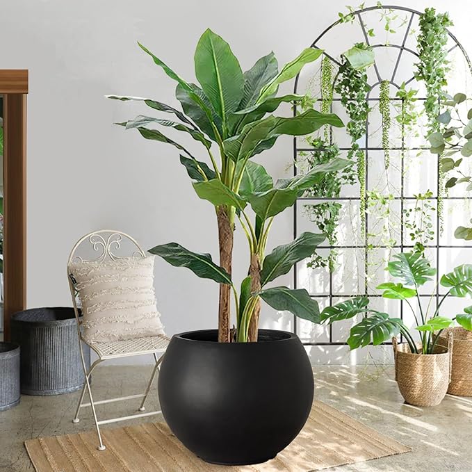 Panlaolao 17 H x 21" Dia (15" Pot Opening) Round Fiberstone Planter with Drainage Hole, Black, Indoor/Outdoor Large Plant Pot for Home Patio Garden, Planter for Christmas Tree, Ideal for Large Plants