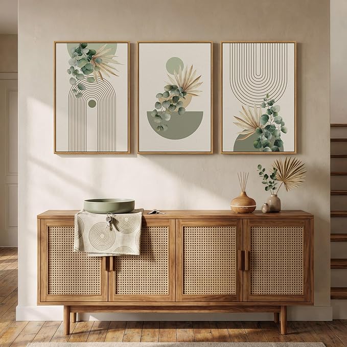 Framed Green Boho Wall Art for Living Room, 3 Piece Bohemian Botanical Canvas