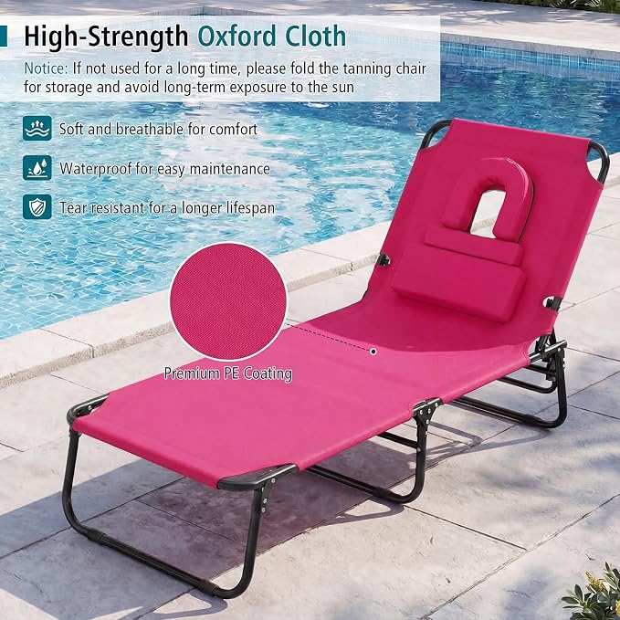 GYMAX Tanning Chair, 330lbs Beach Lounge Chair with Face Hole, Washable Pillow & Carry Strap, Adjustable Folding Chaise Lounge, Layout Chair for Outside, Patio, Poolside, Lawn (1, Pink)