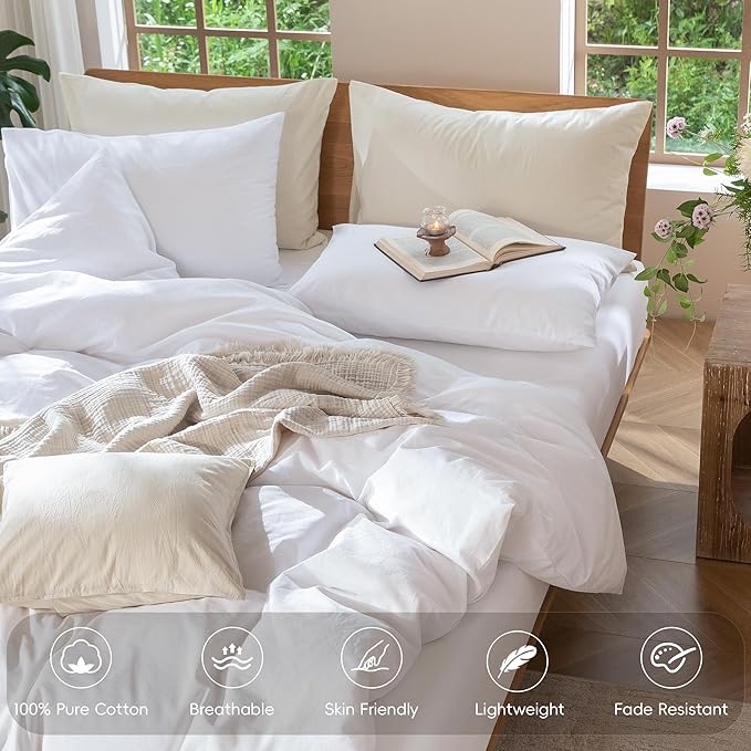 MooMee Bedding Duvet Cover Set 100% Washed Cotton Linen Like Textured Breathable Durable Soft Comfy (Solid Bright White, Super King Plus 120"x120")