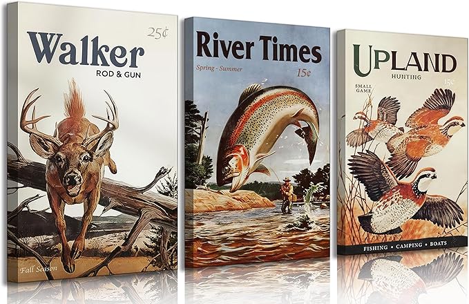3Pcs Retro Hunting Canvas Wall Art Outdoorsy Wild Animal Wall Decor Pictures Nature Wilderness Deer Wild Duck Fishing Posters Prints Gift Send Hunter Dad For Farmhouse Living Room Bedroom Decoration